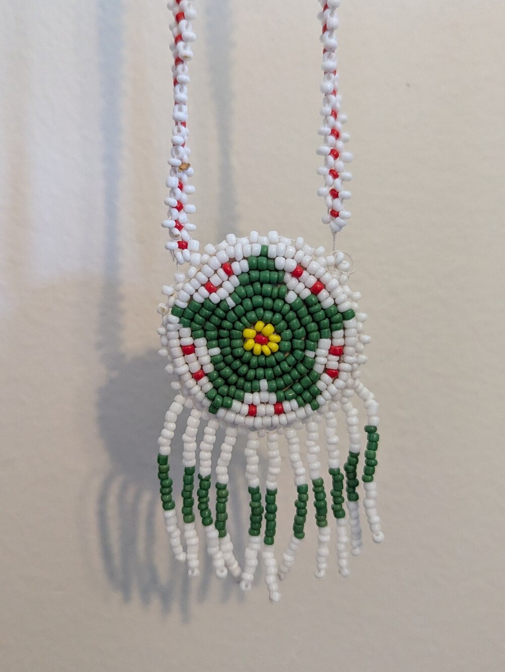 Handmade Beaded Rosette Medallion Necklace White Green Seed Bead Fringe Vintage